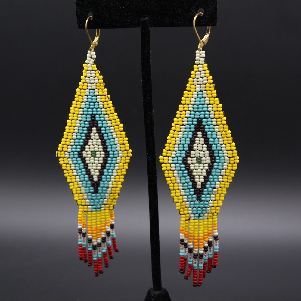Bead Earrings , Yellow - Blue